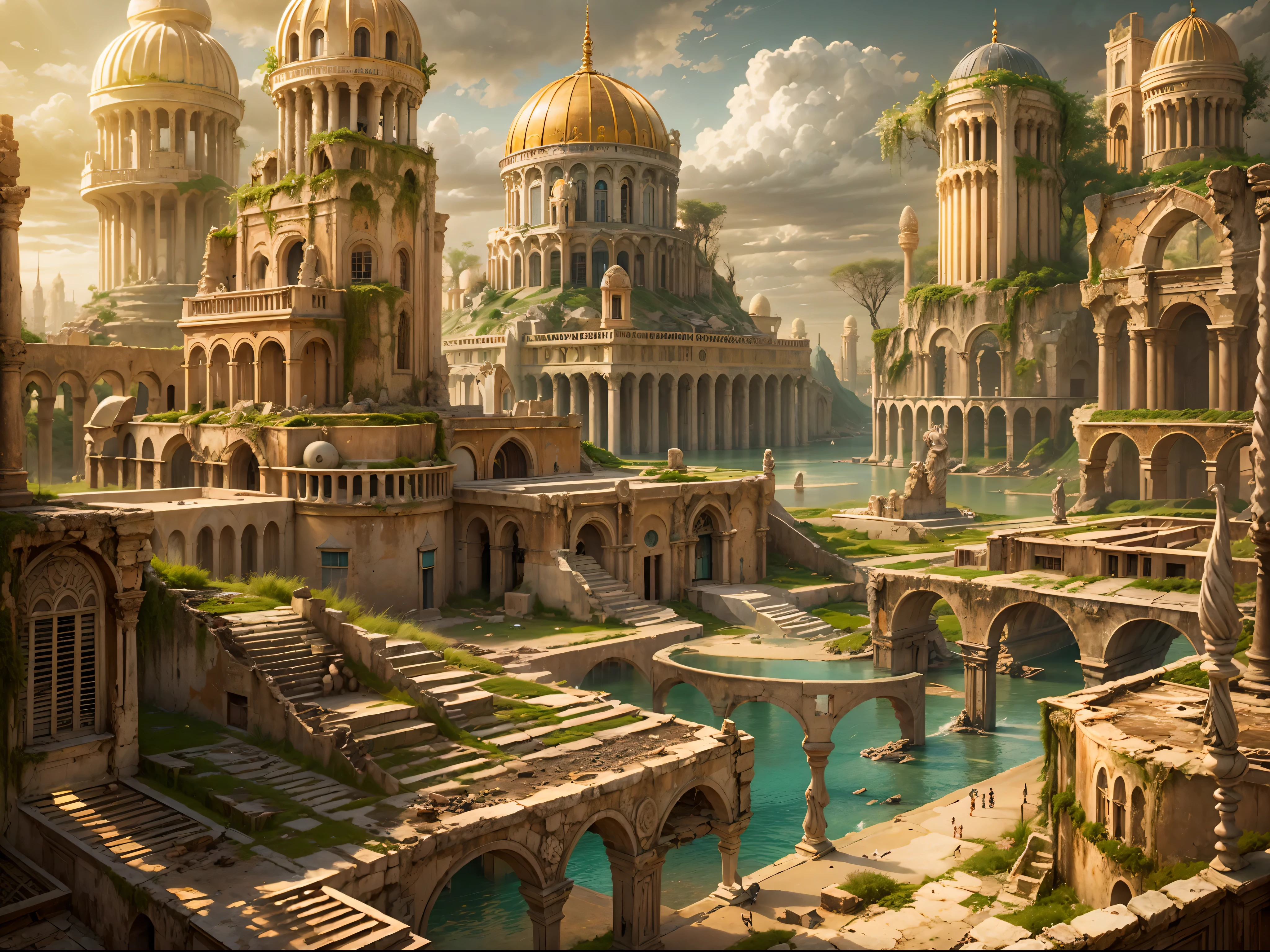 "View of the majestic and enchanting abandoned golden city of Atlantis, With its ornate architecture and intricate details,, Showcasing a sense of mystery and ancient splendor."