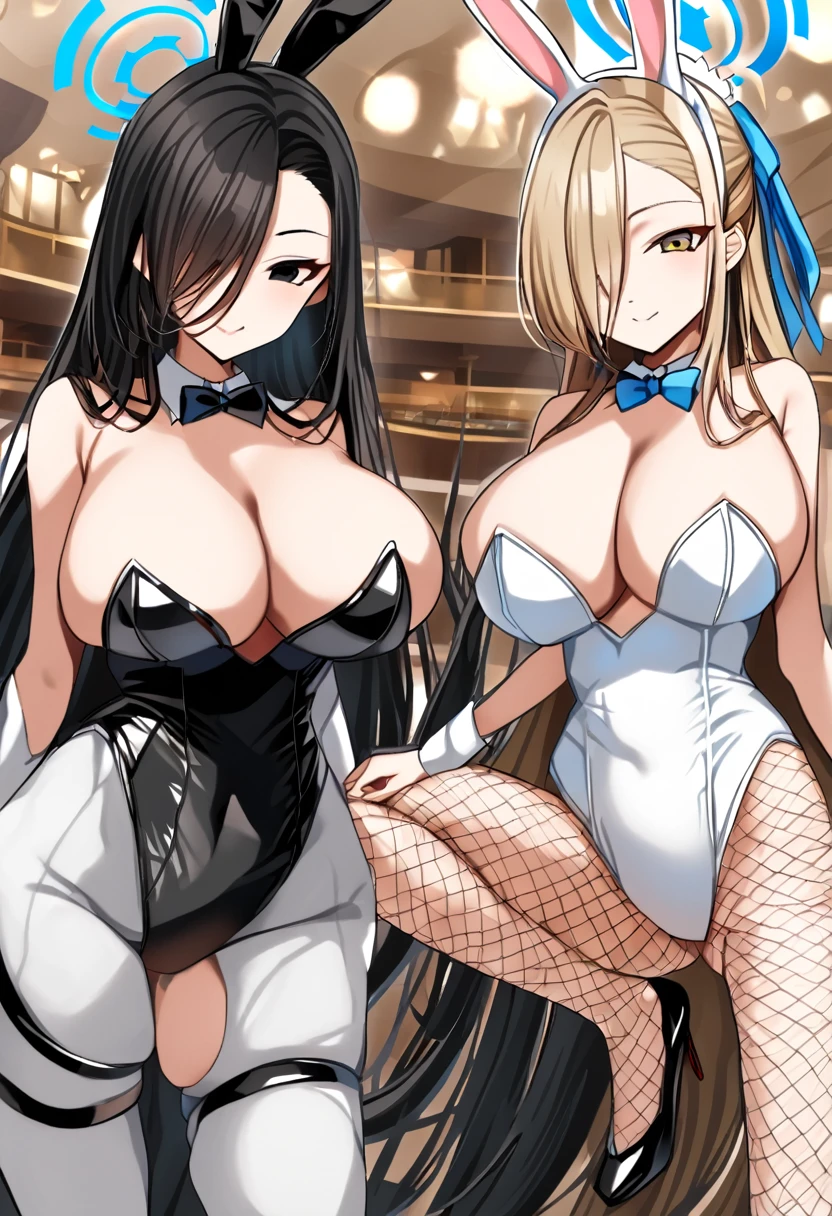 ((3girls))、bunny girl、white rabbit ears、wrist cuffs、black leotard、sagging breast、(milf、Mature Woman:1.3)、Black fishnet stockings、garter belt、blue_archive、(((Karin the Horned Shield、Yellow Eyes、Black Hair、long hair、Black bunny suit)))、(((Ichinose Asuna、Blonde、long hair、hair over one eye、Light blue bunny suit)))、(((Hasumi Hakawa、Black Hair、long hair、Black Eyes、White bunny suit)))、Halo、casino、casino、casinoテーブル、Black high heels