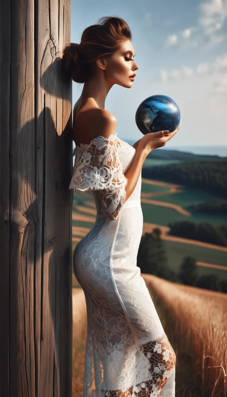 sexy woman in lace dress looks at the horizon between two wooden posts, holds a planet in her hand, beautiful landscape