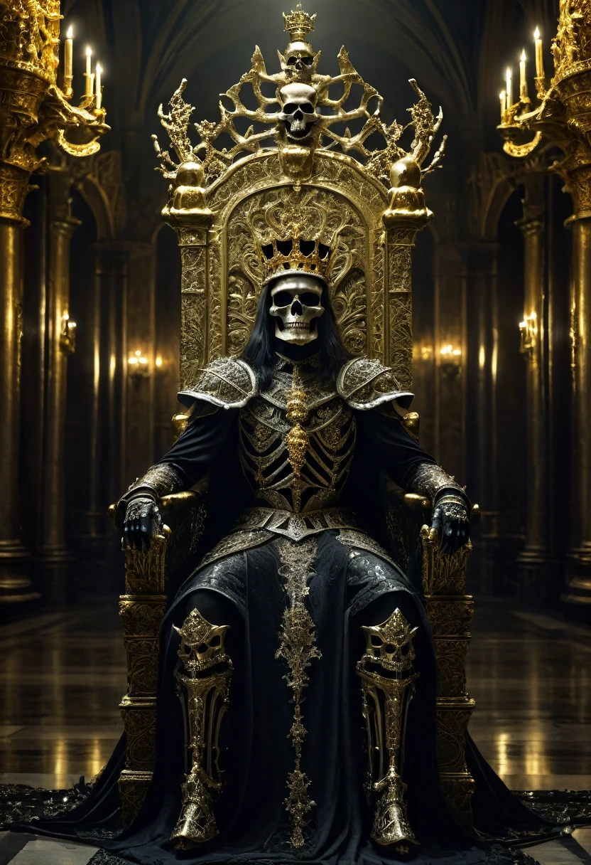 (Dark Fantasy:1.2) photo of a skeletal king wearing a crown, seated on an ornate throne in a grand hall adorned with gold and skulls, dramatic lighting highlighting the details of the armor, crown, and throne, slightly low angle to emphasize the authority and grandeur, creating a dark and gothic ambiance, shot with a high-resolution digital camera to capture intricate details and textures.