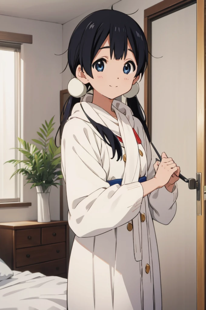 solo, 1girl, tamako kitashirakawa, , looking at viewer, smile, ,virgin killer sweater dress,my room,