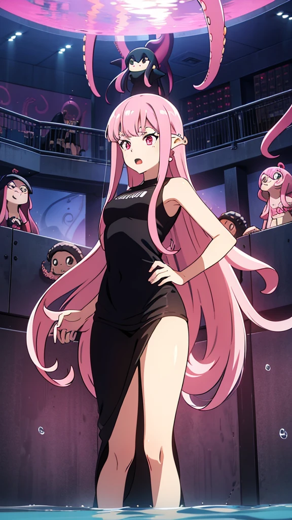 1octopusgirl,20 years old,solo,long hair,pink hair,(black long dress),open mouth,partially submerged, standing,((squidlegs,octopus girl)), (inside, in a gym)