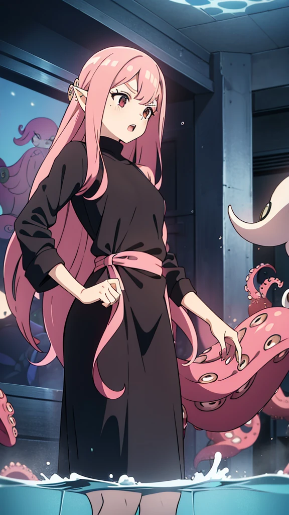 1octopusgirl,20 years old,solo,long hair,pink hair,(black long dress),open mouth,partially submerged, standing,((squidlegs,octopus girl)), (inside, in a gym)