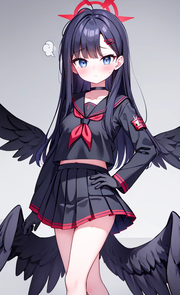 masterpiece,Highest quality,1 Girl,alone,blush with embarrassment,Pokémon-like art style,(bold:1.6),(flat:1.5), ICHIKA NAKAMASA, (Blue Archive),(Portraiture:1.2), Large Breasts, AHOGE, BLACK HAIR, BLACK wings, FEATHERED wings, hair ornament, HAIRCLIP, Halation, LONG HAIR, LOW wings, RED Halation, wings,
手链, BLACK CHOKER, BLACK GLOVES, BLACK SAILOR COLLAR, BLACK serafuku, BLACK SKIRT, CHOKER, GLOVES, LONG SLEEVES, neckerchief, PLEATED SKIRT, RED neckerchief, SAFETY PIN, SAILOR COLLAR, , serafuku, SKIRT,