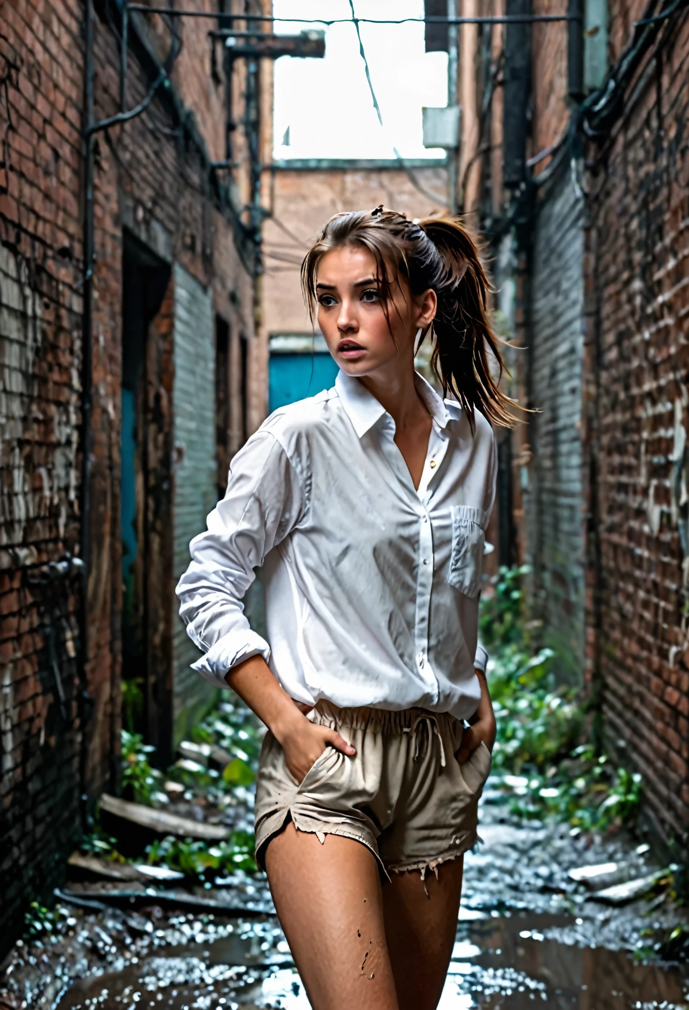 Girl with brown hair in a tousled ponytail white long-sleeved shirt and shorts, in a dirty alley scared 