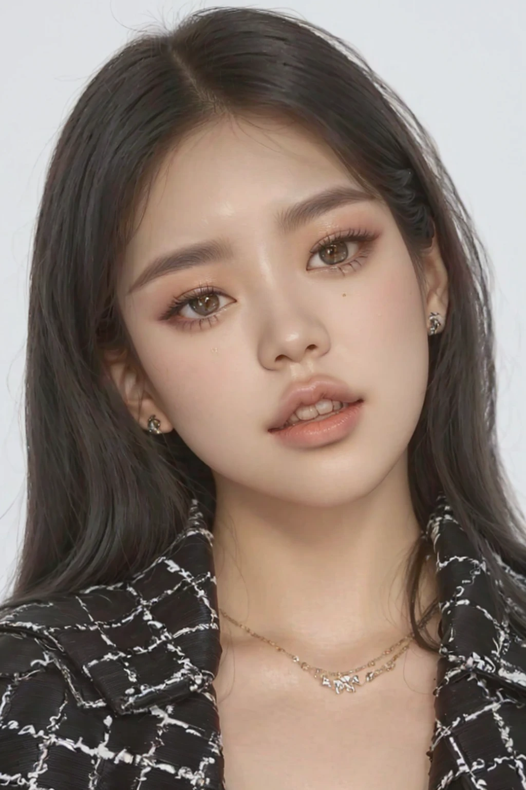 a close up of a woman with long hair wearing a black and white jacket, blackpink jennie, roseanne park of blackpink, popular korean makeup, popular south korean makeup, beautiful south korean woman, portrait of jossi of blackpink, jossi of blackpink, gorgeous young korean woman, beautiful young korean woman, young adorable korean face, lalisa manobal, wan adorable korean face