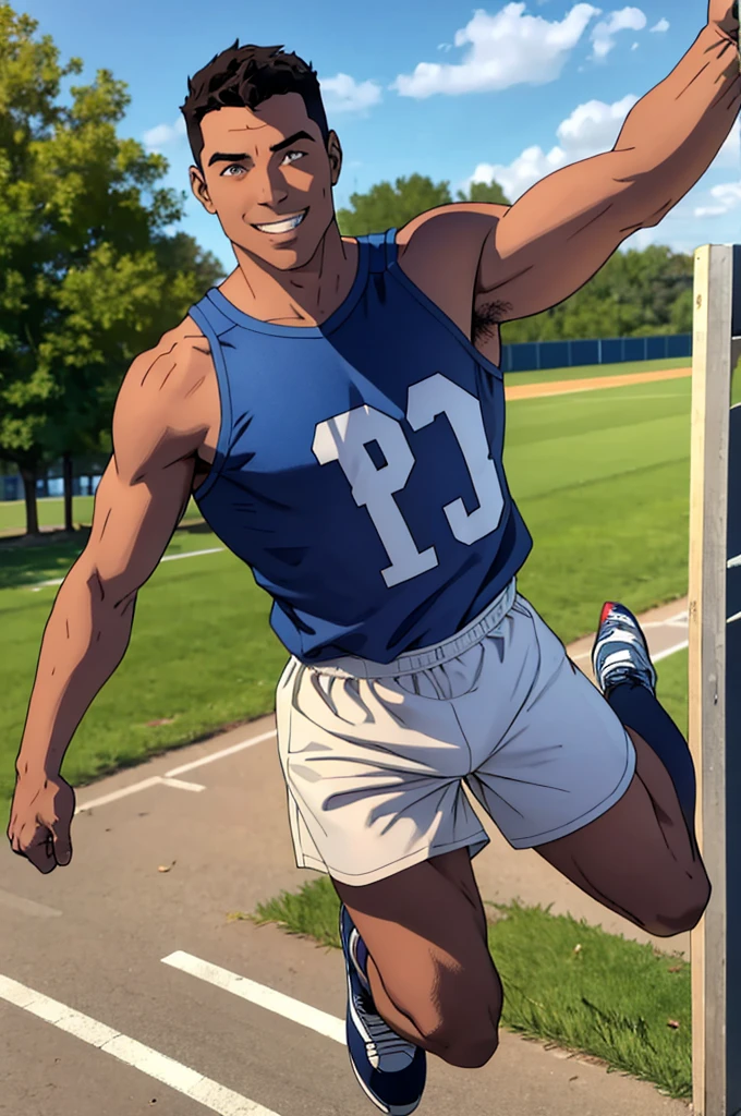 adult man, sprinting, wearing sports clothes, holding a bible with his left hand raised, Grinning