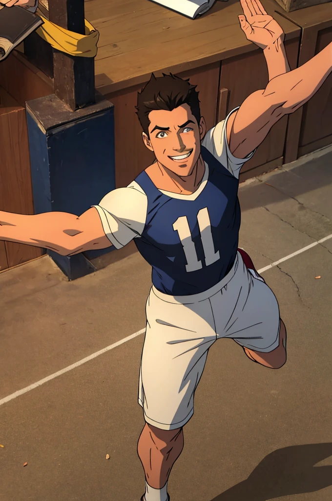 adult man, sprinting, wearing sports clothes, holding a bible with his left hand raised, Grinning