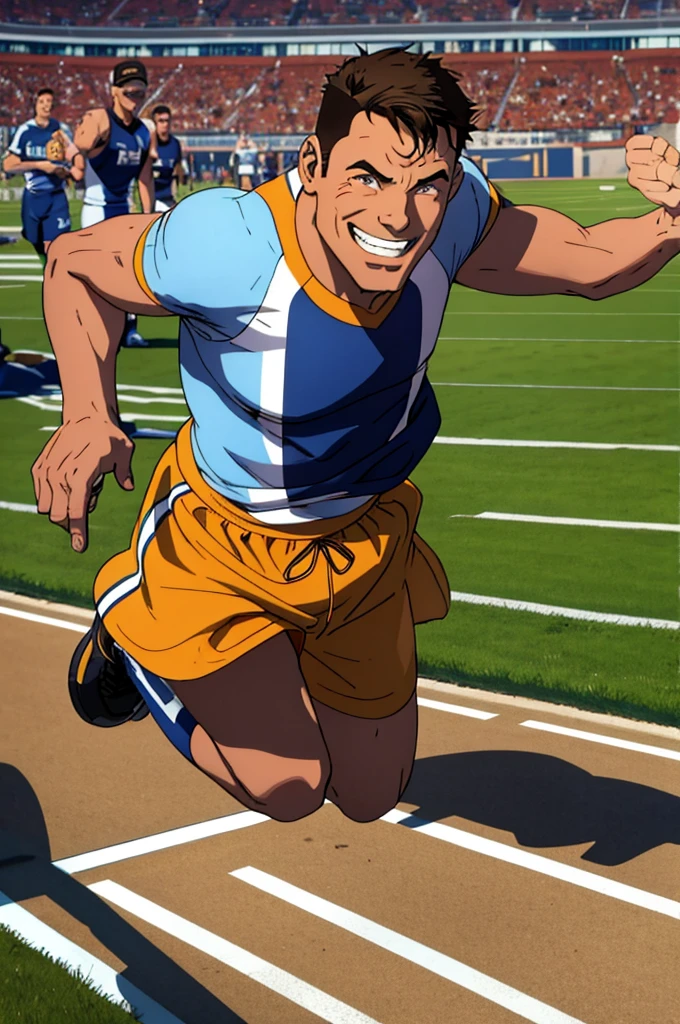 adult man, sprinting, wearing sports clothes, holding a bible with his left hand raised, Grinning