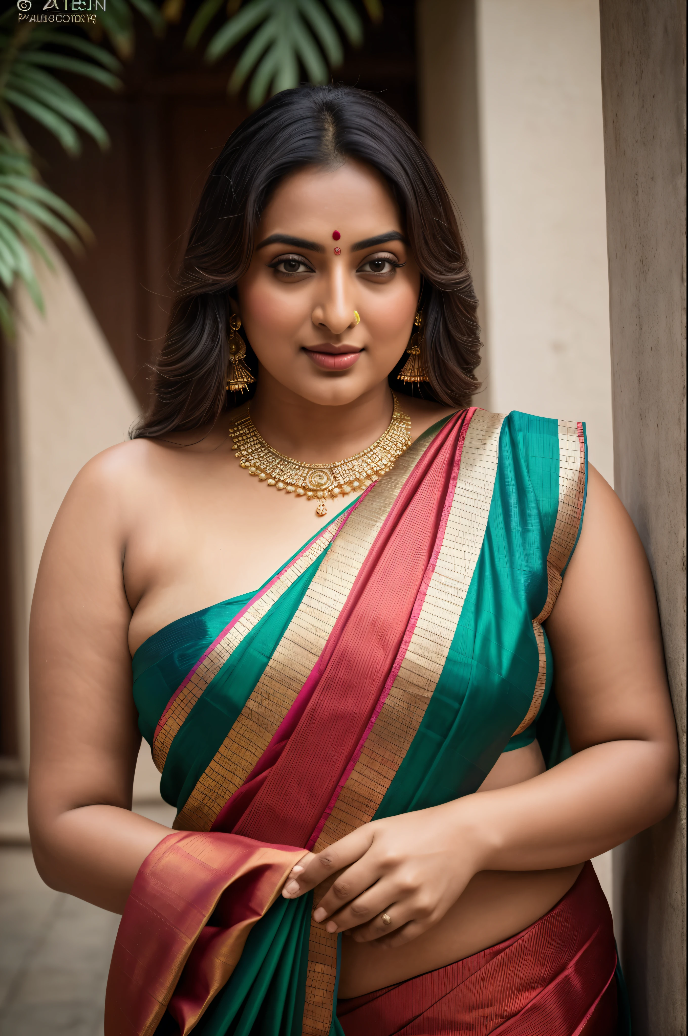 Foto RAW, photorealistic, photography, full body shot, master shot, perfect eyes, goddess like beauty, pierced eyes, perfect thick chubby mallu Desi aunty bhabhi, Wearing a Stanapatta, a chest-band.Saree model, model Photography, Indian saree shoot, Indian traditional wear advertising photography, traditional wear brand shoot, face of Indian actress Sonakshi Sinha, masterpiece, realistic, realism, incredible details,  pleasure, photorealism, detailed skin, skin pores, high contrast, photorealistic Artstation 8k HD digital art trend of high definition and detailed realistic skin texture, ultra detail, realistic skin texture, armature, best quality, ultra high definition, (photorealistic:1.4),, high resolution, detail, raw photo, sweat, Re sharp, by Lee Jefferies Nikon D850 Film Stock Photo 4 Kodak Portra 400 Camera F1.6 Lens Rich Color Ultra Real Realistic Realistic Textures Dramatic Lighting Unreal Engine Trending at Art Station Cinestill 800,(pele altamente detalhada: 1.2), 8k UHD, DSLR, soft-lighting, alta qualidade, grain of film, Fujifilm XT3,she didn't like to wear blouse or bra, she is happy to wear only saree, she hates blouse or bra, detailed hairy armpits, hyper realistic skin, skin pores, sweat, veins, 