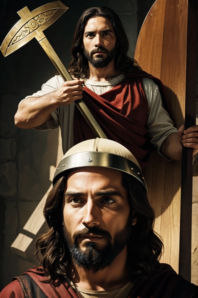 Make me a picture of Jesus with a shield protecting a man from Satan&#39;s arrows 