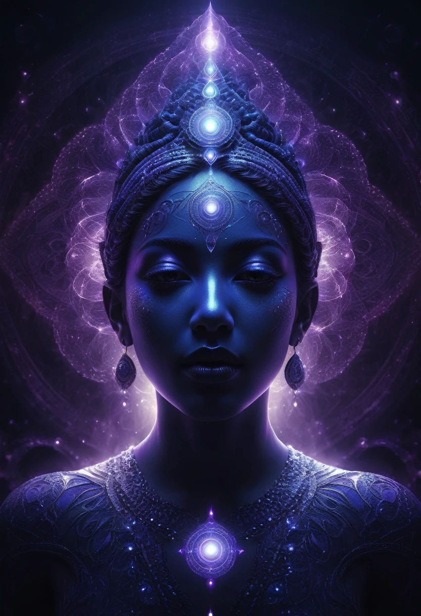 a godhead, mystical, divine, ethereal, spiritual, transcendent, otherworldly being, glowing with inner light, emanating power and wisdom, floating in a swirling cosmic mist, surrounded by glowing orbs and shimmering energy fields, abstract sacred geometry, intricate fractal patterns, luminous aura, deep purple and indigo tones, dramatic chiaroscuro lighting, cinematic composition, (best quality, 8k, highres, masterpiece:1.2), ultra-detailed, photorealistic, dramatic, cinematic,