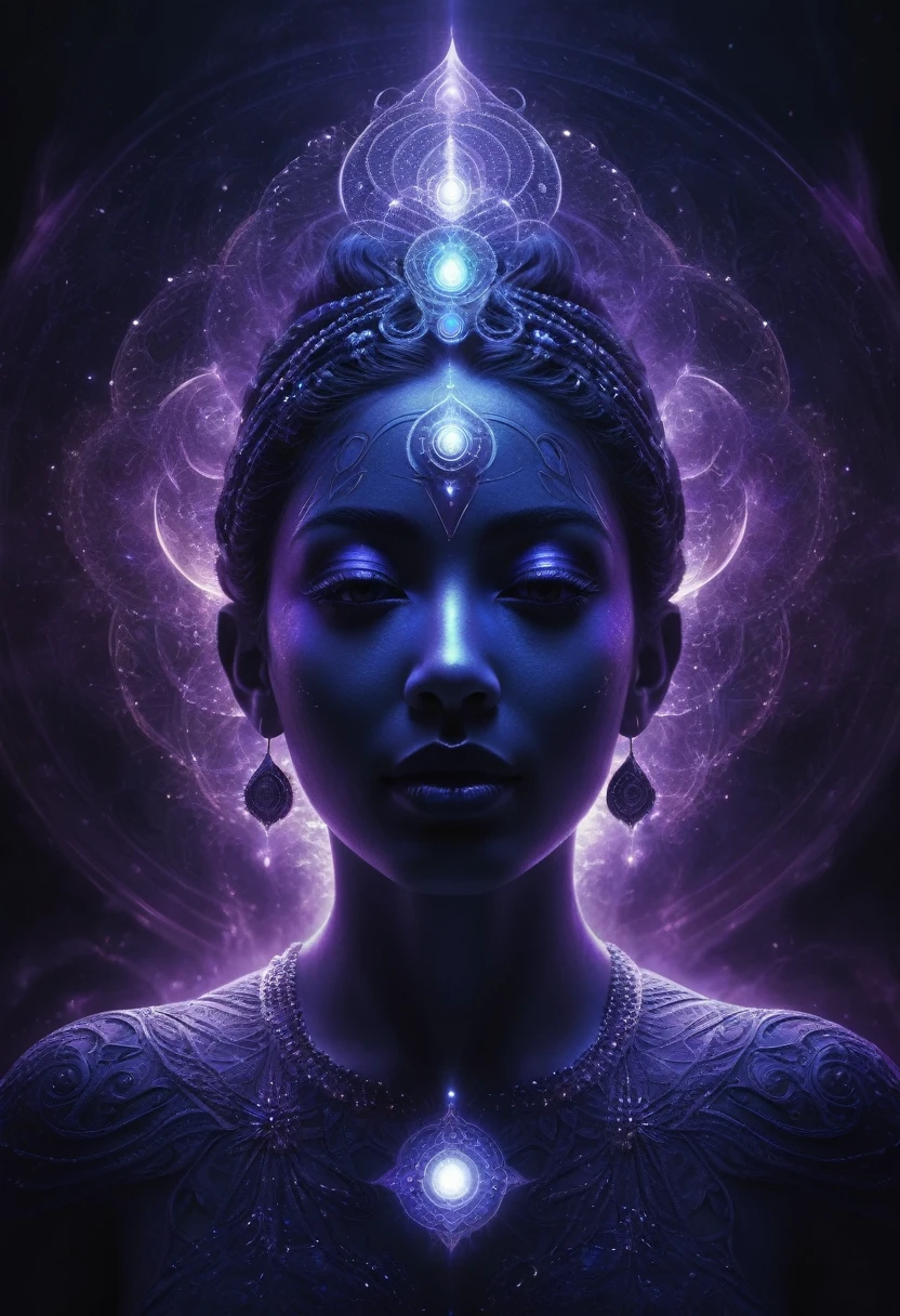 a godhead, mystical, divine, ethereal, spiritual, transcendent, otherworldly being, glowing with inner light, emanating power and wisdom, floating in a swirling cosmic mist, surrounded by glowing orbs and shimmering energy fields, abstract sacred geometry, intricate fractal patterns, luminous aura, deep purple and indigo tones, dramatic chiaroscuro lighting, cinematic composition, (best quality, 8k, highres, masterpiece:1.2), ultra-detailed, photorealistic, dramatic, cinematic,