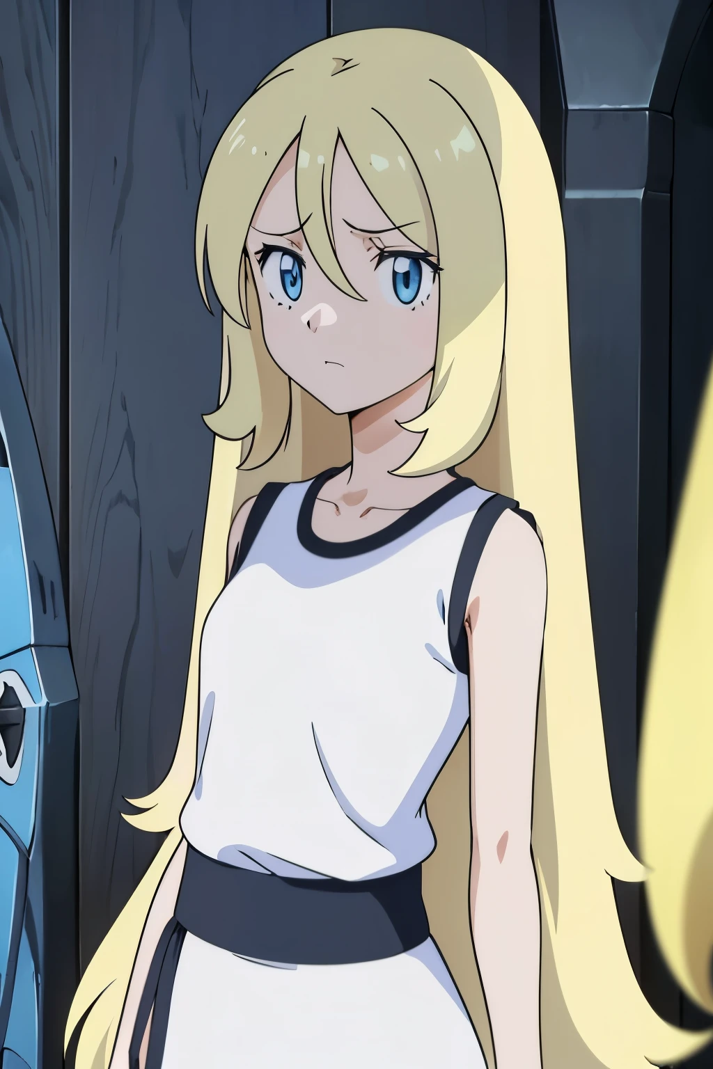 work of art, best qualityer, high resolution, long hair, blue colored eyes, 1 girl, standing alone, eyelash, sleeveless, bangss, clavicle, bare arms, white undershirt, White background, 正面, no scenario, gazing at viewer, trunk, visualizador de 正面, solid color background, clean background, de 正面 para a câmera, high resolution, calm and expressionless face, White background, looking away