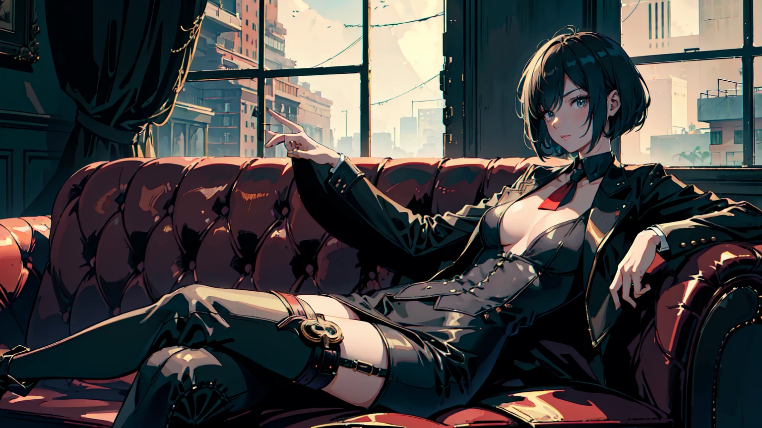 (Masterpiece, Best Quality, Ultra High Resolution , Digital Art,Beautiful and Aesthetic ) . ( One Fashionable adult girl with a short oblique bob, slender figure, expressive and dominating look ) in modern men's suit in youth style , matte black color , lovely thin white but long tie , (silk thick threads of red color connect the necklines on the sides of the whole suit) , . The character sits on a large massive sofa with lots of leather and metal patterns on it in vintage style , an interesting and atmospheric pose that characterizes the character , .