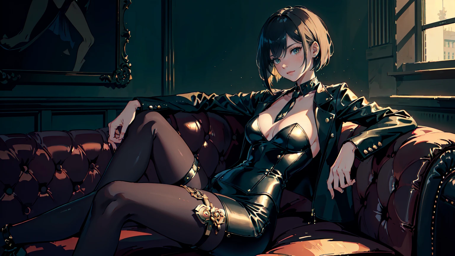 (Masterpiece, Best Quality, Ultra High Resolution , Digital Art,Beautiful and Aesthetic ) . ( One Fashionable adult girl with a short oblique bob, slender figure, expressive and dominating look ) in modern men's suit in youth style , matte black color , lovely thin white but long tie , (silk thick threads of red color connect the necklines on the sides of the whole suit) , . The character sits on a large massive sofa with lots of leather and metal patterns on it in vintage style , an interesting and atmospheric pose that characterizes the character , .