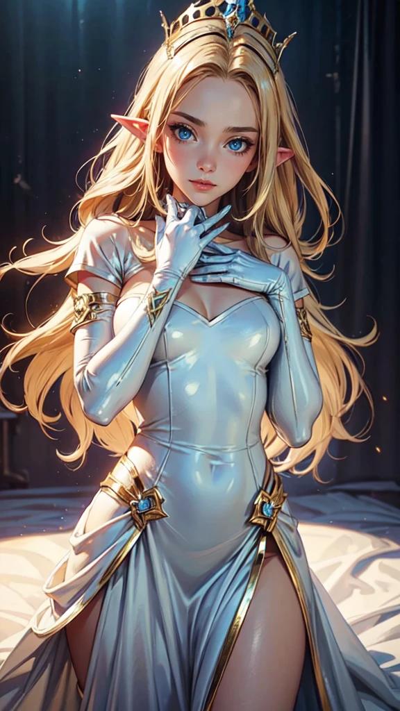 only, Super fine photo, Unreal Engine 5 8K UHD digital art portrait of a girl, conceptual art, character concept design, wearing a tight, shiny white dress with metallic details, golden crown, blue eyes, fantasy princess, metal glove, long blonde hair, The best quality, Masterpiece, super detailed, sharp focus, Subjective pose and sexy and innocent and. Look at the viewer. slight smile.detailed eyes, detailed hands, detailed face, elf girl
