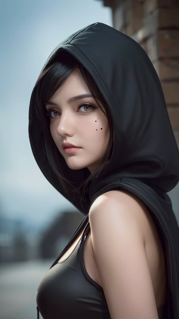 ((masterpiece)),(((Highest quality))),((Super detailed)),((figure)),Dynamic Angle, One Elven Girl,Black Hair，Short Hair，(((Large mole under the eye)))，Half of the face is covered by a hood,Big Cape,  