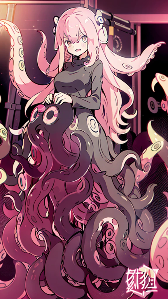 1girl,20 years old,solo,long hair,pink hair,(black long dress),open mouth,partially submerged, standing,((squidlegs,octopus girl)), (suction cups:1.33), (inside, in a gym)