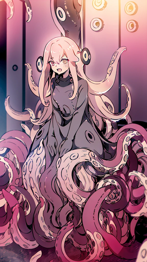 ((best quality)), ((highly detailed)), absurdres, (detailed eyes, deep eyes),1girl,20 years old,solo,long hair,pink hair,(((white shirt,black standart tie,black skirt))),dynamic pose, cowboy shot, (((scylla))), (((octopus girl))), standing, (tentacles:1.33), (suction cups:1.33), (fused:1.33), ((tentacle legs)), squidlegs, ((underwater,sea, aurora,night)), serious,cute,graceful