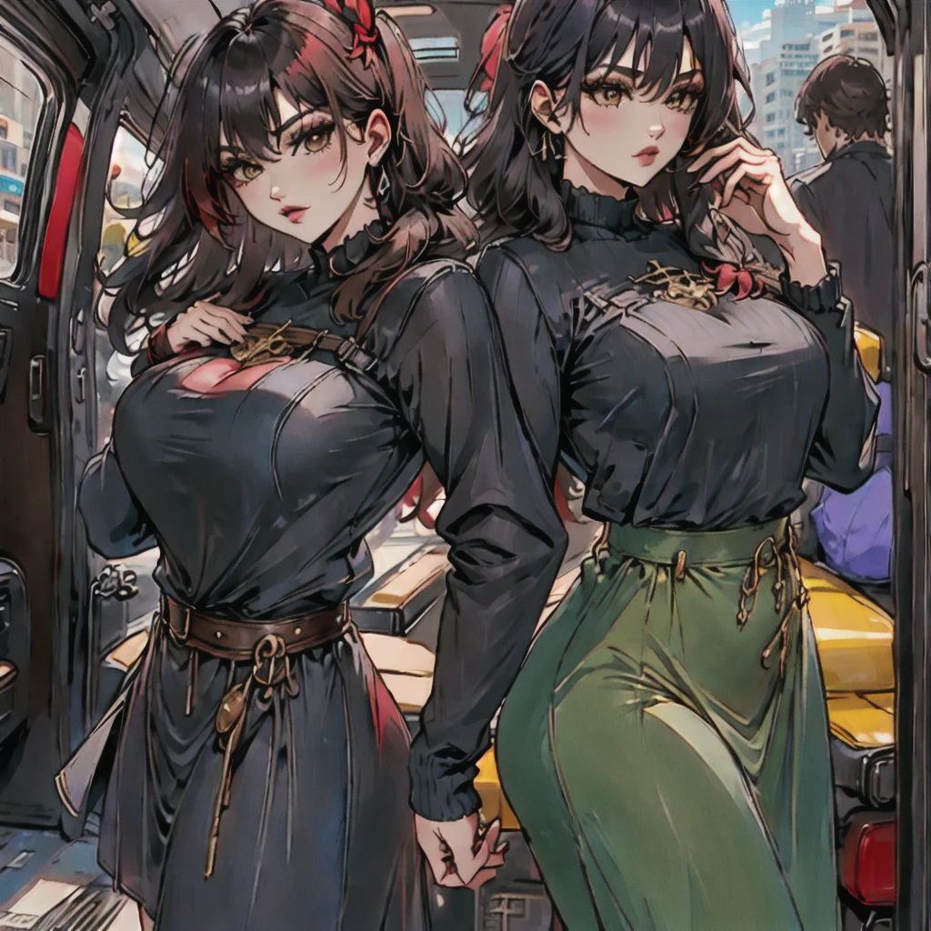 (neocruz and junkotvv)(hands on thighs, backwards, Heavyweight, big boy, leather jacket:1.2), picture of a couple inside a Taxi at evening, 1 chico, male focus, Tall Man, soon one, male with leather jacket, black man, evening:1.4) (Taxi, evening, auto, Backseat, looking at another:1.3) BREAK