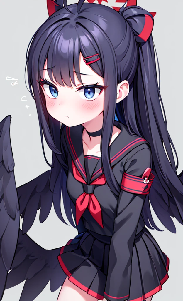 masterpiece,Highest quality,1 Girl,alone,blush with embarrassment,Pokémon-like art style,(bold:1.6),(flat:1.5), ICHIKA NAKAMASA, (Blue Archive),(Portraiture:1.2), Large Breasts, AHOGE, BLACK HAIR, BLACK wings, FEATHERED wings, hair ornament, HAIRCLIP, Halation, LONG HAIR, LOW wings, RED Halation, wings,
手链, BLACK CHOKER, BLACK GLOVES, BLACK SAILOR COLLAR, BLACK serafuku, BLACK SKIRT, CHOKER, GLOVES, LONG SLEEVES, neckerchief, PLEATED SKIRT, RED neckerchief, SAFETY PIN, SAILOR COLLAR, , serafuku, SKIRT,