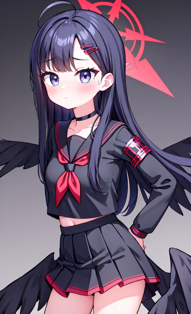 masterpiece,Highest quality,1 Girl,alone,blush with embarrassment,Pokémon-like art style,(bold:1.6),(flat:1.5), ICHIKA NAKAMASA, (Blue Archive),(Portraiture:1.2), Large Breasts, AHOGE, BLACK HAIR, BLACK wings, FEATHERED wings, hair ornament, HAIRCLIP, Halation, LONG HAIR, LOW wings, RED Halation, wings,
手链, BLACK CHOKER, BLACK GLOVES, BLACK SAILOR COLLAR, BLACK serafuku, BLACK SKIRT, CHOKER, GLOVES, LONG SLEEVES, neckerchief, PLEATED SKIRT, RED neckerchief, SAFETY PIN, SAILOR COLLAR, , serafuku, SKIRT,