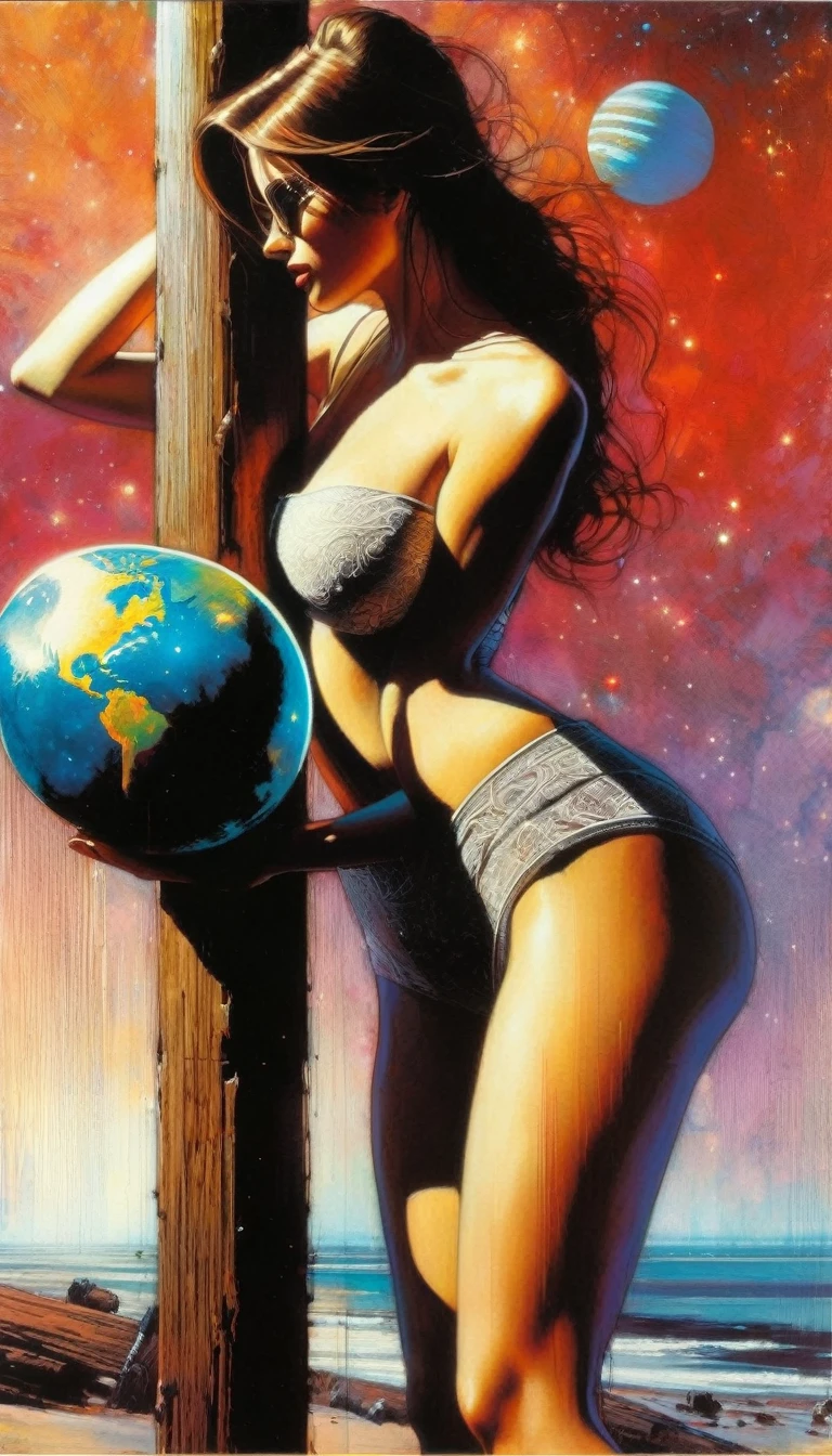 sexy woman looks at the horizon between two wooden posts, holds a planet in her hand, beautiful landscape (art inspired by Bill Sienkiewicz, intricate details, oil painting)
