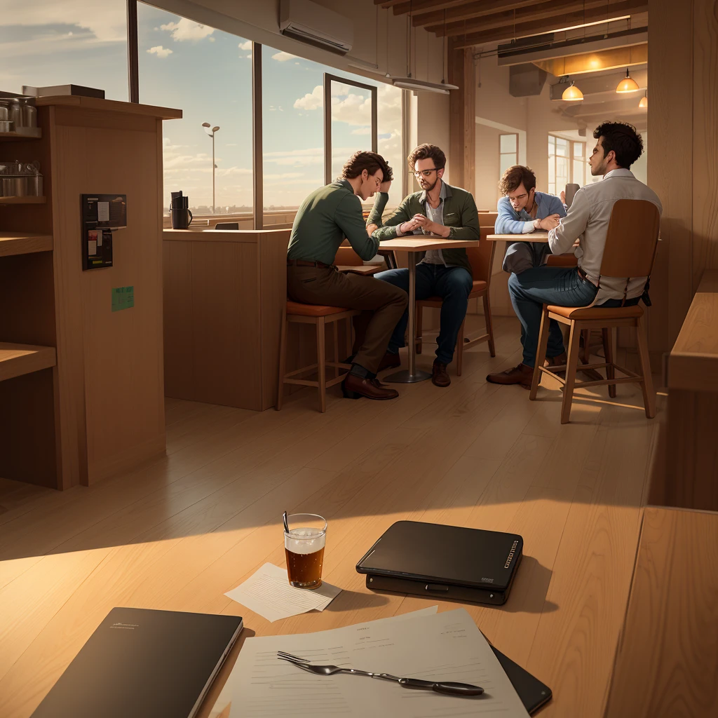 three (only three) Engineers sitting at a table in a restaurant and working on an idea. 