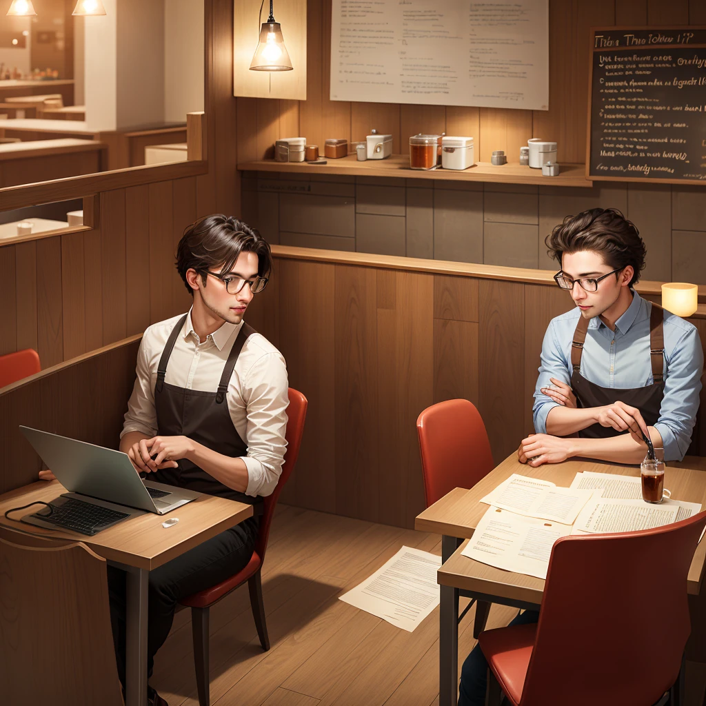 three (only three) Engineers sitting at a table in a restaurant and working on an idea.