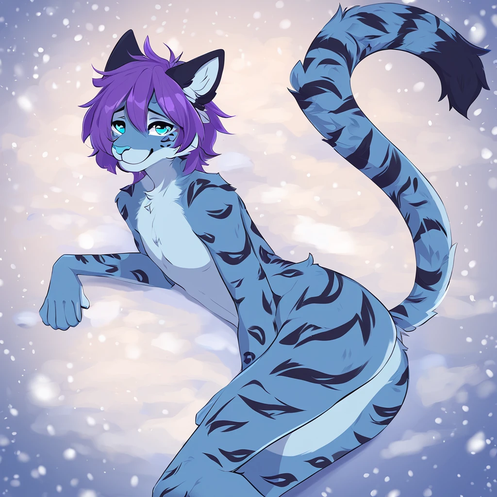 adult, feline, mammal, anthro, anthropomorphic, snow, leopard, striped_feline, fur, furred_anthro, fluffy_tail, femboy, male, bangs, ear_tufts, blue_nose, blue_fingers, hair_tuft, hair_between_eyes, long_tail, fluffy, feline_ears, expressive_eyes, purple hair, light, looking_at_viewer, legs, legs_visible, thighs, blue_paws, paws, blue_fur, shy, small_pupils, spotted_pattern, stripes, tail, tail_connected_to_body, tiger_stripes, digital_art, high_resolution, high_res, teal_blue_background fit, posing, laying_down