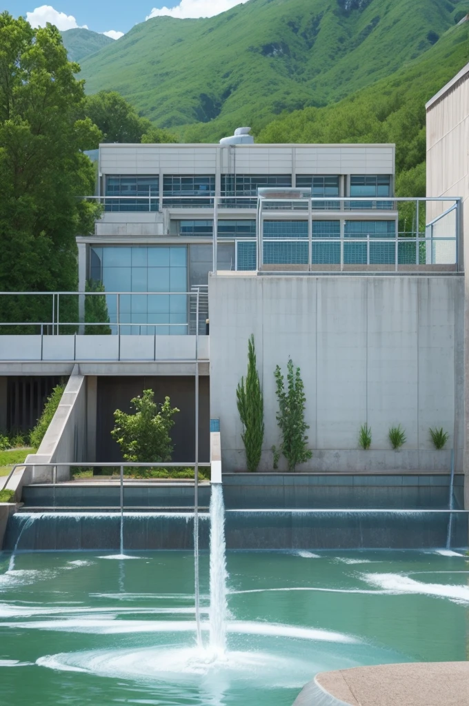 Draw an illustration of a water treatment plant, with each step represented by a number 