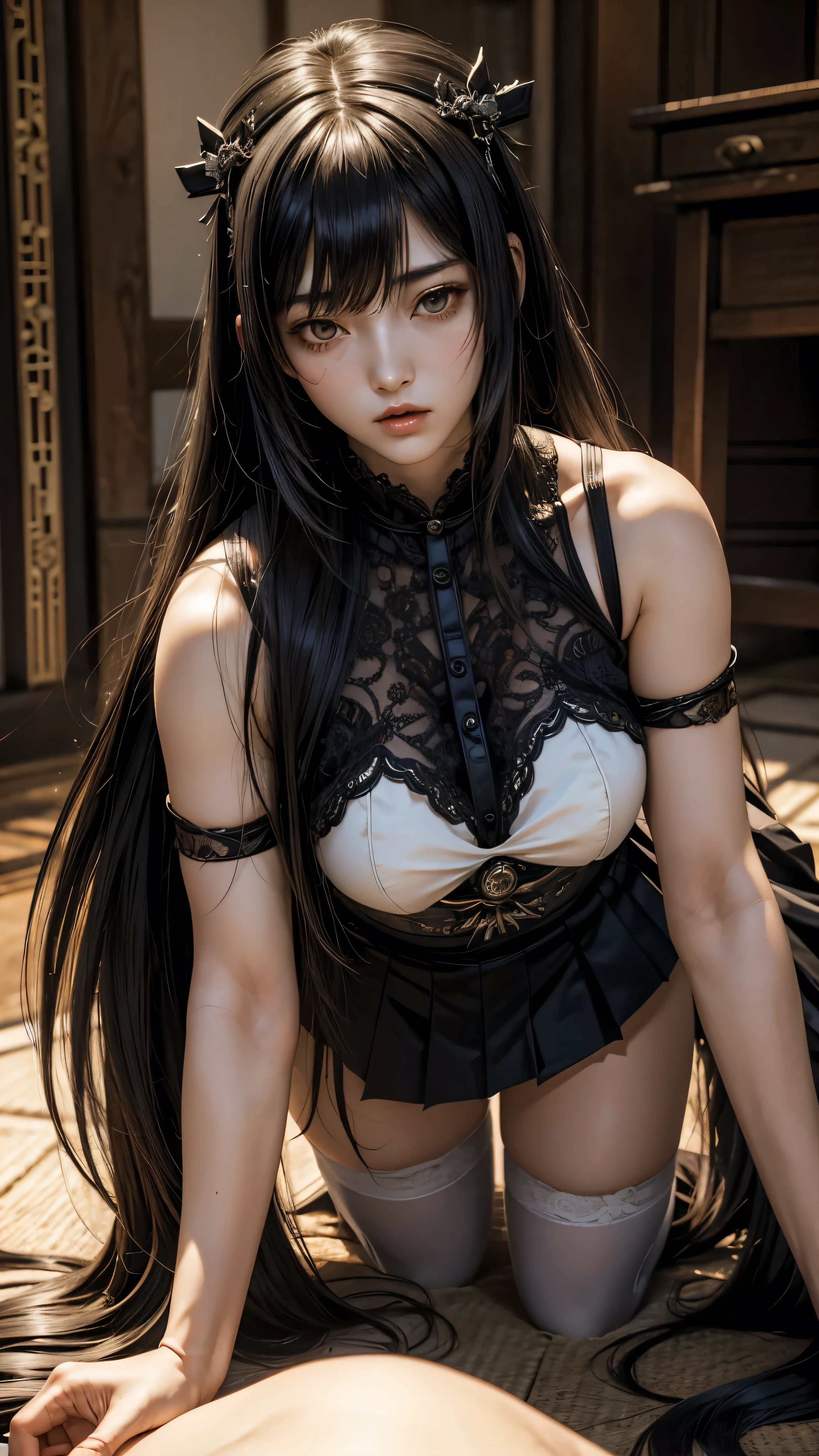 (Colegial Japonesa) She is on all fours and he is behind. She os High Priestess of the Goddess of Lust & from Ébrio. Adult and with a severe expression. Com o voluptuoso corpo e coxas grossas. E bunda enorme. (Fatal Frame)