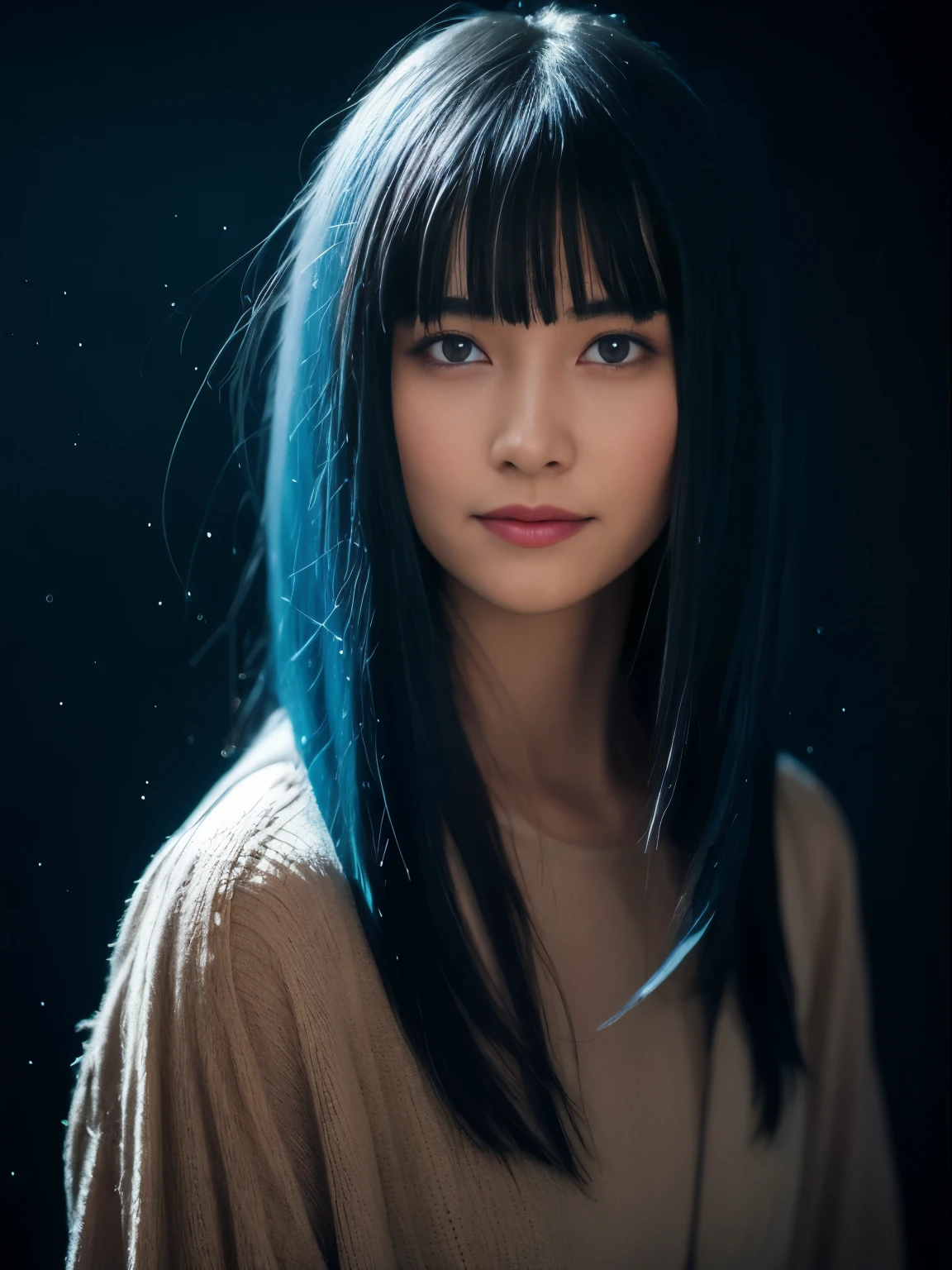 27 years old, beautiful cute american girl, smile showing teeth, parts, (Dark skin:1.5), (platinum blue largo bangs hair:1.4), (Gigi Hadid:1.1), (naughty girl makeup:1.1), (The F.W.), 1woman, Alone, 24 years, 7 headed body, (cute face), (ideal proportion body proportions), wearing sweat, The costume is transparent, wet, smiling smile, short hair, dark hair, , a thin, small buttocks, beauty legs, thing legs, surrealism, lightning cinematográfica, Depth of fields, One-person point of view, F/1.8, 135mm, NFFSW, Mesa, necessary, ((anatomically correct)), textured skin, super detail, High details, High quality, awarded, (Masterpiece), cheered up, (Photo_(half):1.0), by Antonio J. Manzanedo, by Jeremy Lipking, 1 girl, lightning, in a surreal landscape, watercolor painting style, Brushstrokes, blossomed, orange eyes, Horse tail, pink hair, cyberpunk, japanese clothes