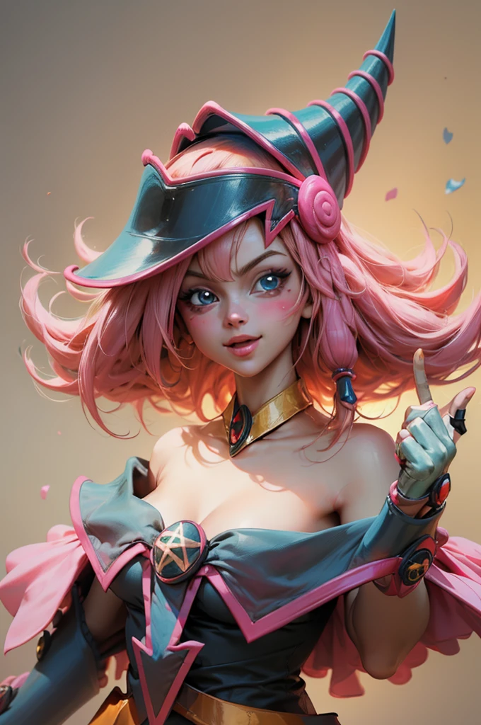 Create the beautiful face of dark magician gils. blue eyes. pink lips. white tea. blond hair. girl smile. Uncovered shoulders. Necklace on the neck. dark wizard gils face. His hands make the sign of peace and love. Peace and love in your hands. 