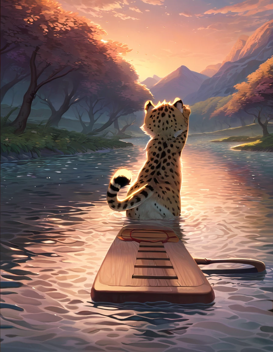 ((Masterpiece)), ((Best Quality)), (Very Detailed), ((Very Detailed)), 4K, (8K), very aesthetic, absurdres highres, 1 male, anthropomorphic cheetah, furry, kemono, A cheetah swims in the river in the soft light of dusk, keeping its body low, stretching out its front legs to paddle the water, and kicking its hind legs up. His eyes are wide open, his mouth is open, and he has a concentrated expression on his face, and his lithe body with spotted patterns is depicted along with the movement of his muscles. Grass and trees sway in the background, and animals can be seen in the distance,