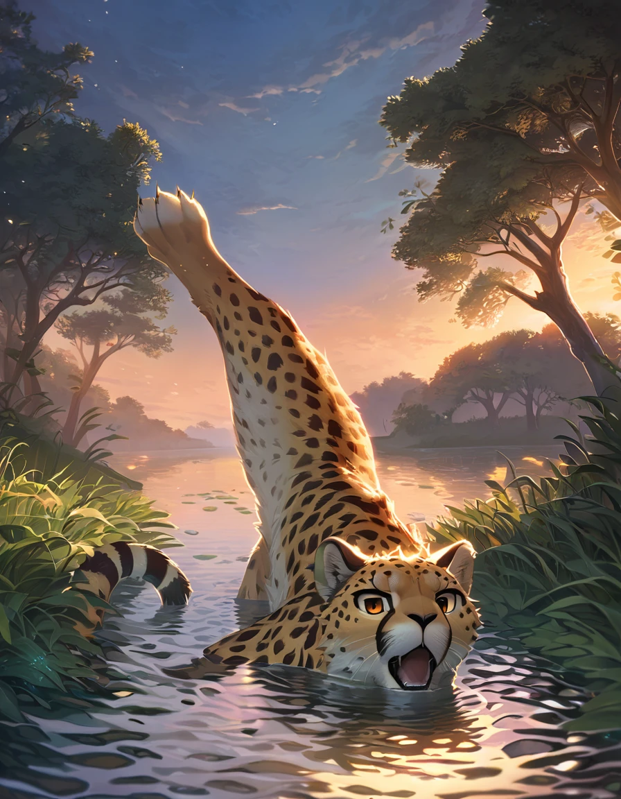 ((Masterpiece)), ((Best Quality)), (Very Detailed), ((Very Detailed)), 4K, (8K), very aesthetic, absurdres highres, 1 male, anthropomorphic cheetah, furry, kemono, A cheetah swims in the river in the soft light of dusk, keeping its body low, stretching out its front legs to paddle the water, and kicking its hind legs up. His eyes are wide open, his mouth is open, and he has a concentrated expression on his face, and his lithe body with spotted patterns is depicted along with the movement of his muscles. Grass and trees sway in the background, and animals can be seen in the distance,