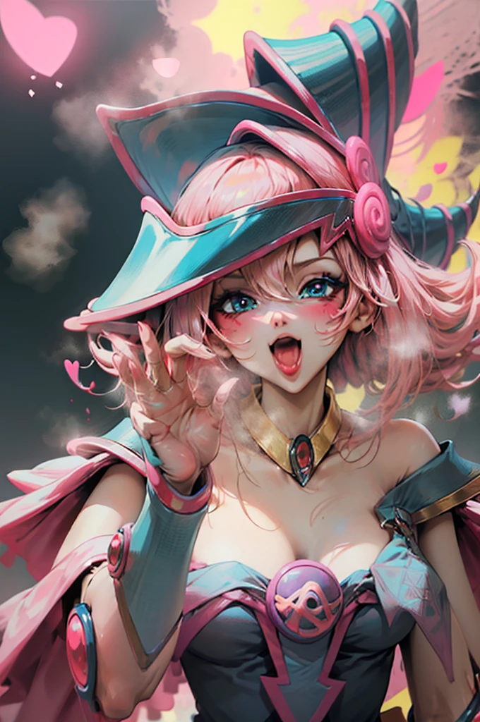 Create the beautiful face of dark magician gils. blue eyes. pink lips. white tea. blond hair. girl smile. Uncovered shoulders. Necklace on the neck. dark wizard gils face. His hands make the sign of peace and love. Peace and love in your hands.