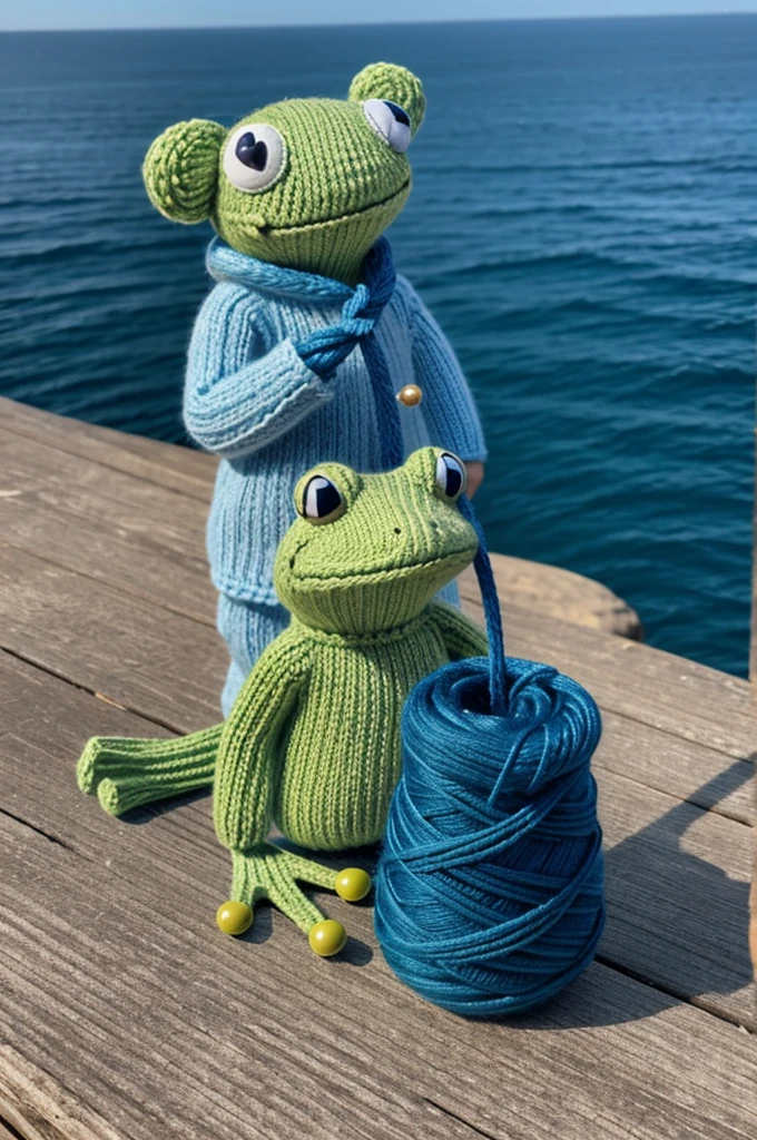 Green animated frog with a blue yarn and knitting hook in his hand and a sea in the background 