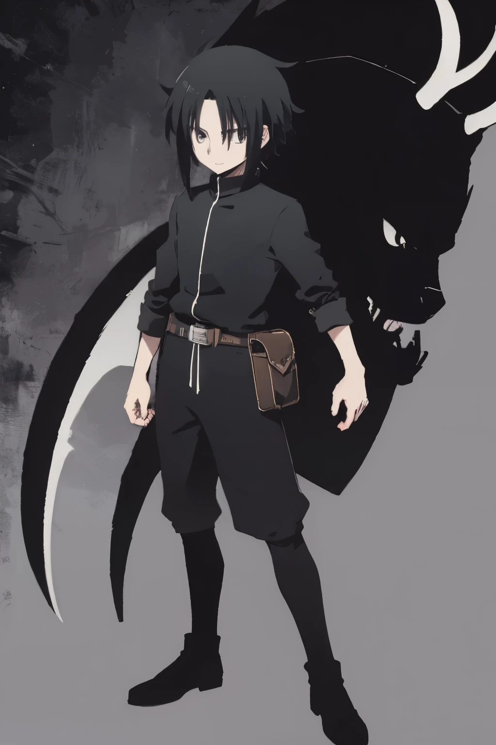 14 year old boy with black hair and black eyes wearing black beast slayer clothing in Hunter x hunter manga style