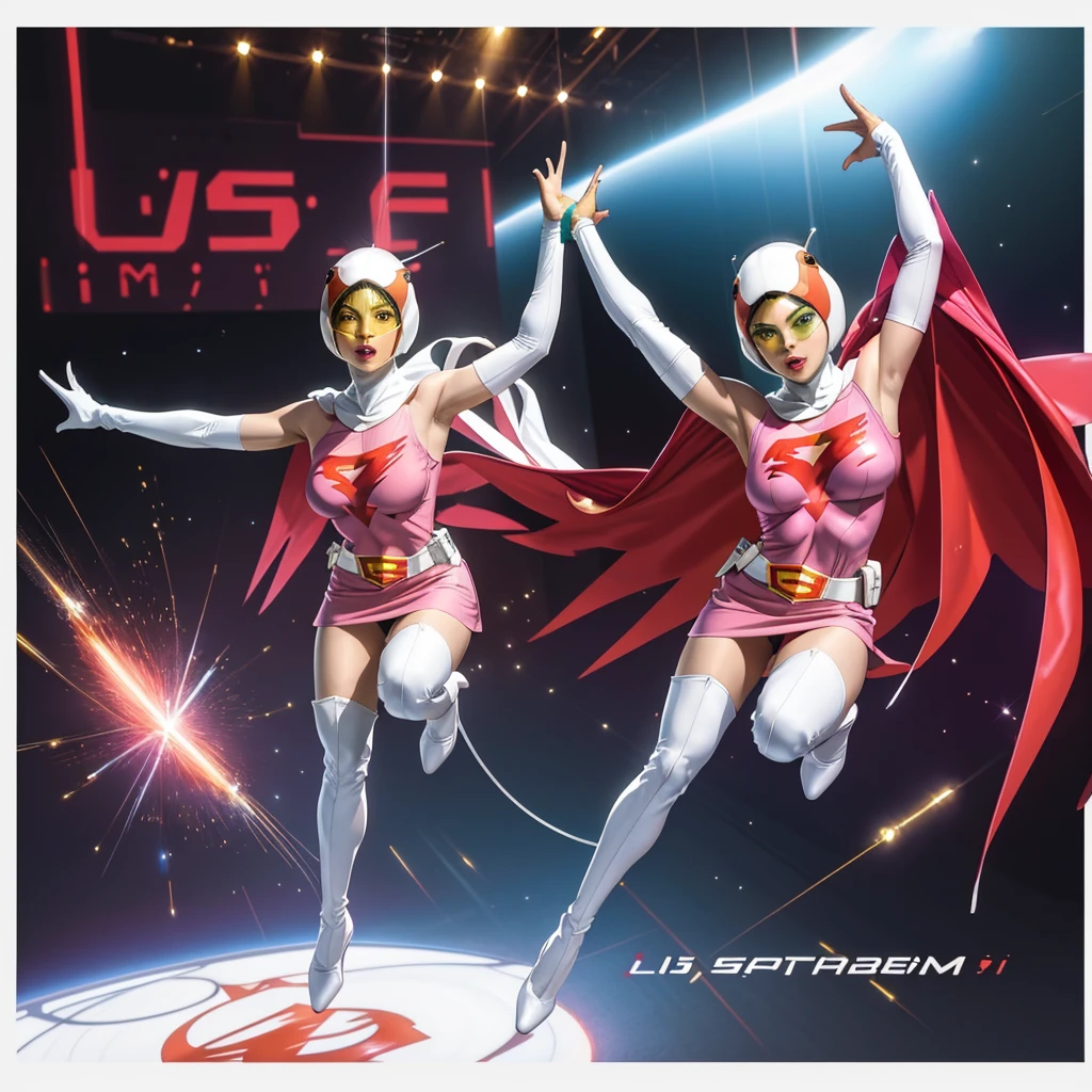 ANI_CLASSIC_jun_gatchaman_ownwaifu,1girl, 15 years old,good , masterpiece, best quality,realistic, hyperrealistic, 16k hdr,breasts,green eyes,lips,large breasts,lipstick,makeup,gloves,cape,helmet,belt,elbow gloves,white gloves,mask,ultra ,leotard,spacesuit,white tight overknee highheels boots,pink dress,superhero,,cleavage,erected ,((jumping poses,arms up straight)),