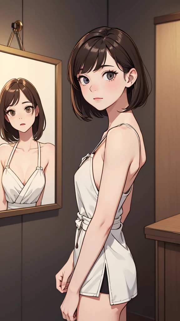 (((masterpiece, best quality, ultra highres, 1 girl, solo, no background))), super detailed skin and face and eyes and finger, beautiful japanese woman, small breasts:1.5, skinny, light brown hair, white background, very short hair, (an illustration of girl), Knee shot, Generate with illustrations, Various expressions, Various poses, Various Costumes, Please draw the entire character within the frame, ensuring that the head, arms, and legs are not cut off. The background should be simple, with the character positioned centrally,