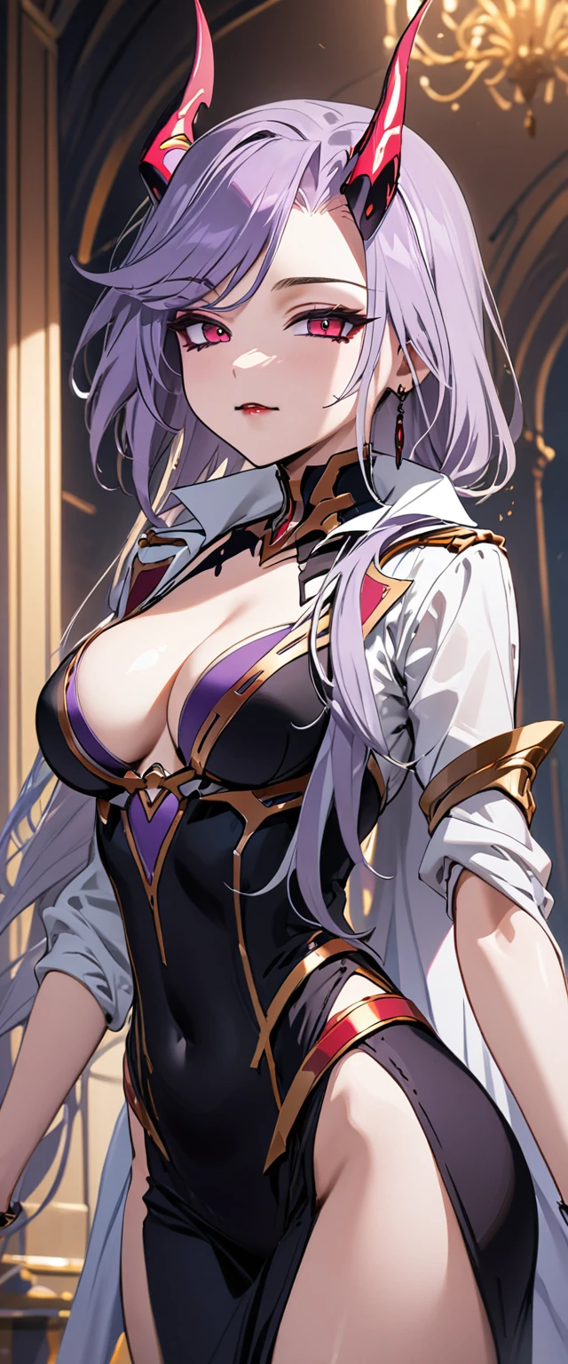 (masterpiece, best quality:1.2), 1girl, solo, Sonata, dragon girl with horns cyber vampire and nimb, purple hair