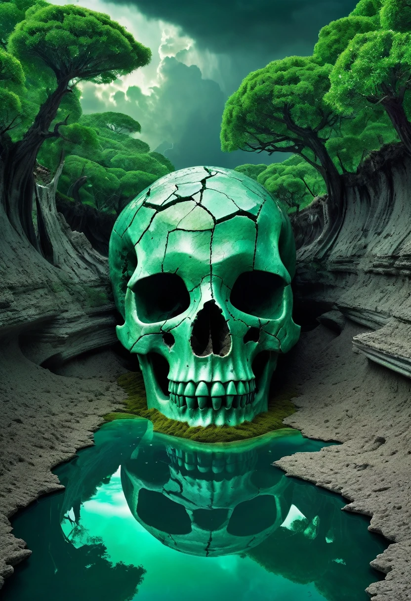 (Surrealism:1.3) photo of a barren landscape with a giant cracked skull in the center, vibrant miniature world inside the skull with lush greenery, trees, a glowing emerald river, and a ship, dramatic lighting with a dark, stormy sky in the background, shot with a high-resolution digital camera to capture intricate details and textures, creating a dreamlike and otherworldly visual experience.