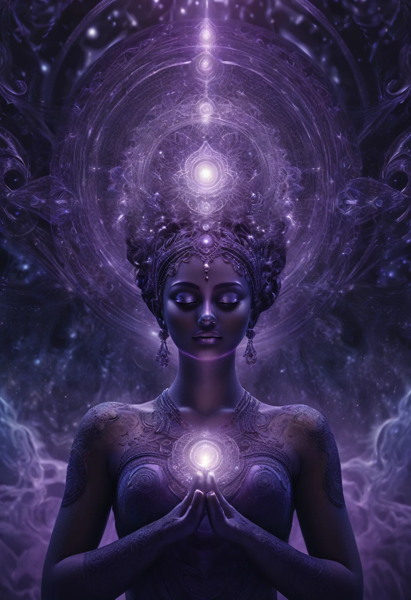 a godhead, mystical, divine, ethereal, spiritual, transcendent, otherworldly being, glowing with inner light, emanating power and wisdom, floating in a swirling cosmic mist, surrounded by glowing orbs and shimmering energy fields, abstract sacred geometry, intricate fractal patterns, luminous aura, deep purple and indigo tones, dramatic chiaroscuro lighting, cinematic composition, (best quality, 8k, highres, masterpiece:1.2), ultra-detailed, photorealistic, dramatic, cinematic,