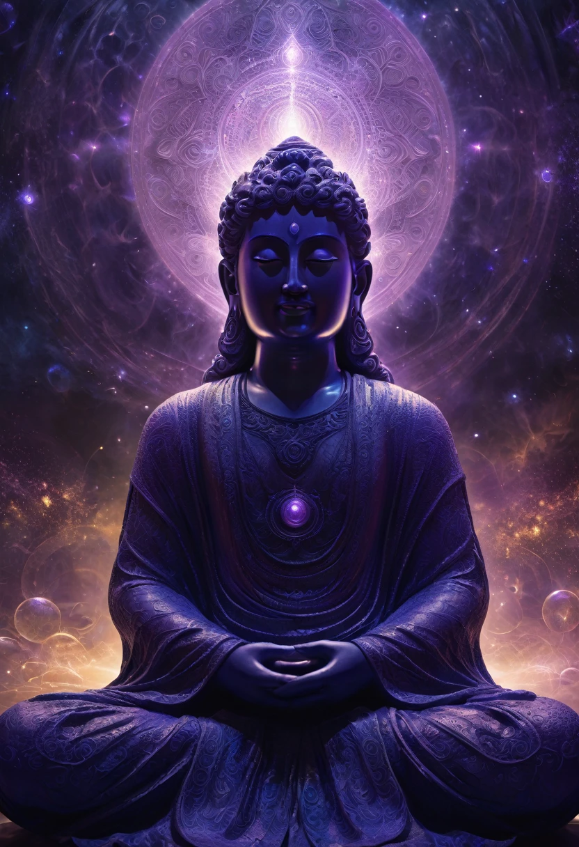 a godhead, mystical, divine, ethereal, spiritual, transcendent, otherworldly being, glowing with inner light, emanating power and wisdom, floating in a swirling cosmic mist, surrounded by glowing orbs and shimmering energy fields, abstract sacred geometry, intricate fractal patterns, luminous aura, deep purple and indigo tones, dramatic chiaroscuro lighting, cinematic composition, (best quality, 8k, highres, masterpiece:1.2), ultra-detailed, photorealistic, dramatic, cinematic,