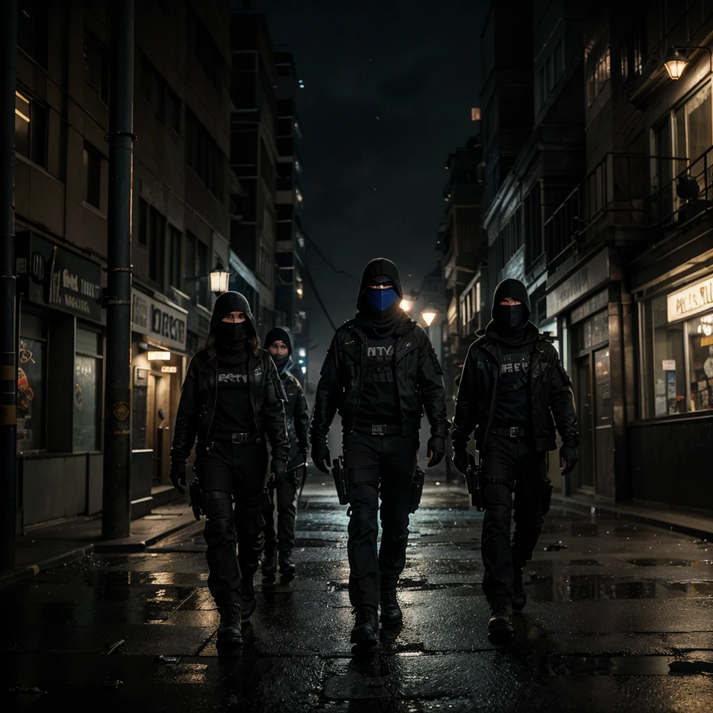 Under the cover of a moonless night, a special ops team moves with precision through the shadowy alleys of a forsaken city. The streets are lined with crumbling buildings and flickering streetlights, casting eerie glows on their tactical gear. They communicate silently, their faces illuminated by the soft, bluish hue of high-tech visors. Rain begins to fall, adding a sheen to the dark pavement and enhancing the gritty atmosphere. As they approach their target, the team blends seamlessly with the darkness, their intense focus mirrored in their eyes. The city's silence is broken only by the distant hum of neon signs and the occasional crackle of their encrypted radios. Hyperrealism, cinematic lighting, textured skin, super detail, high quality, award-winning, best quality, high resolution, 8K.