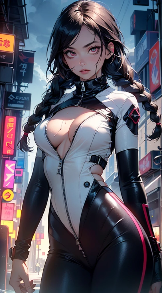 girl 2b(((1 girl))),((beautiful girl in space suit)),

(breasts big:1.4),saggy breasts,((((long twin braids,tight braids,long braid,Braided hair,long hime cut,dark hair,Bblack hair,colorot inner hair)))),(((rot_eyeballs:1.3))),intricate eyeballs,beautiful detailed eyeballs,symmetrical eyeballs,((fatter)),(((shining skin:1.5,shining skin: 1.5,skin tanned,shining skin,very shining skin,shinny body,plastic glitter skin,exaggerated shining skin,brightened skin,wet legs))),(spider lower abdomen,narrow waisted,wide hip,athletic body,inflated legs,body detailed,(face detailed)),

cute,slutty,seducer,Erotic,(((nsfw))),

revealing clothing,show the skin,((below the chest:1.5)),(neckleace),((spacesuit outfit, rot space suit,short sleeve space suit)),(wearing a spacesuit outfit:1.3,space suit clothes),((suit with zipper, slightly unzipped zipper))),((wetclothes,complex outfit,complex clothing)),

(dynamic pose:1.0),focus only,embarrased,(centerot,scale to fit dimensions,rule of thirds),

cyberpunk city by the sea at night, with bright neon signs and dark clouds and storm puddles, scenario:1.25,

artistic photography,(photograph taken by sldr),high resolution, sharp focus, (ultra detaild, extremely detaild), (photorealistic art:1.37),(extremely detaild CG unity 8k wallpaper),((tema de fundo synthwave)),(((swirly vibrant colors))),(intricate background),(work of art),(best qualityer),