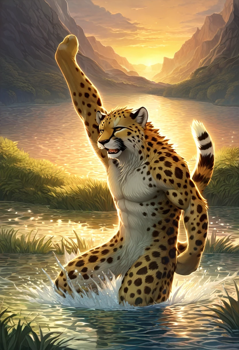 ((Masterpiece)), ((Best Quality)), (Very Detailed), ((Very Detailed)), 4K, (8K), very aesthetic, absurdres highres, 1 male, anthropomorphic cheetah, furry, kemono, A cheetah swims in the river in the cold early morning light, stretching out its front legs and kicking its hind legs. His eyes are wide open, his mouth is open, and he has a concentrated expression on his face, and his lithe body with spotted patterns is depicted along with the movement of his muscles. Grass and trees sway in the background, and animals can be seen in the distance,
