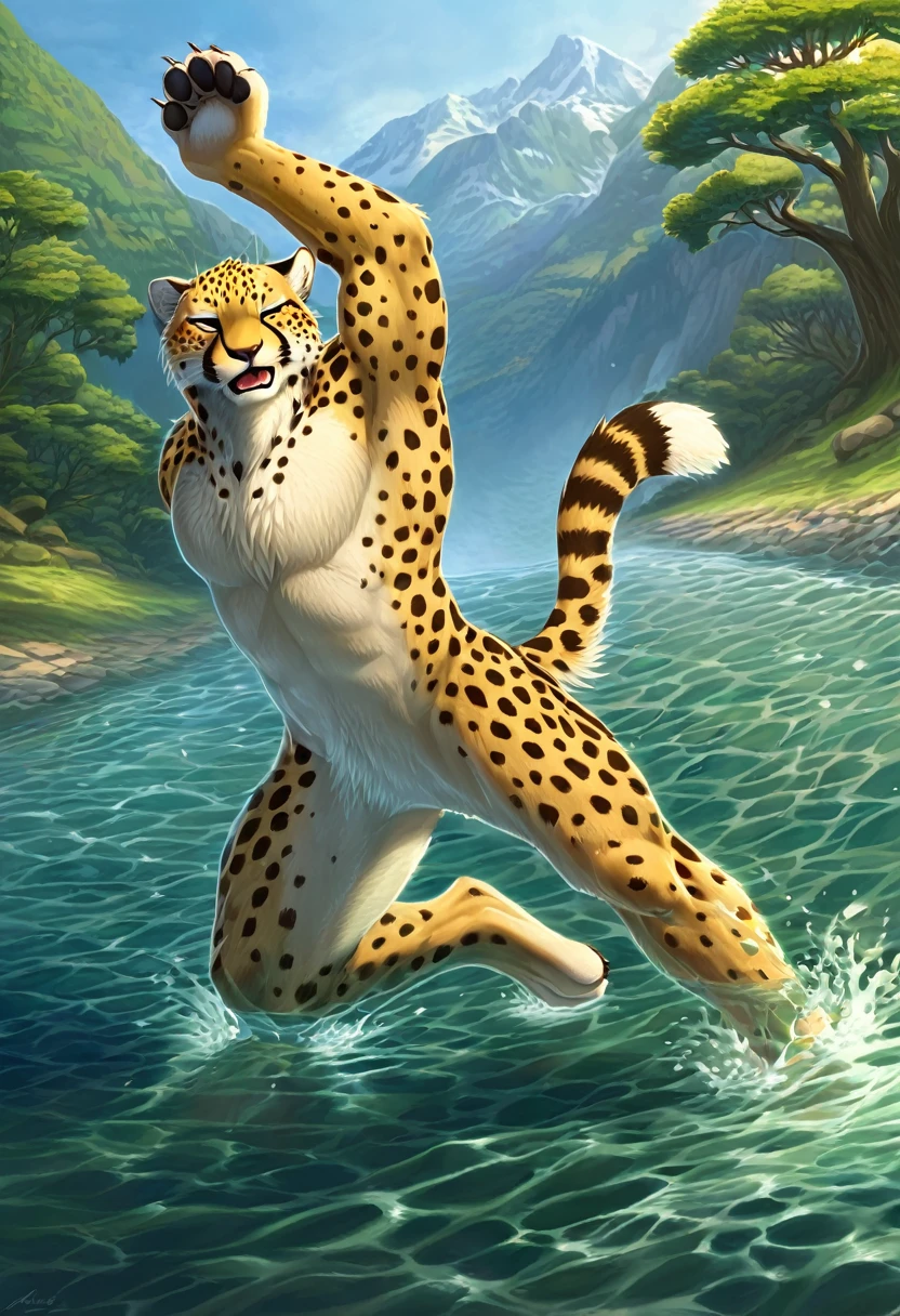 ((Masterpiece)), ((Best Quality)), (Very Detailed), ((Very Detailed)), 4K, (8K), very aesthetic, absurdres highres, 1 male, anthropomorphic cheetah, furry, kemono, A cheetah swims in the river in the cold early morning light, stretching out its front legs and kicking its hind legs. His eyes are wide open, his mouth is open, and he has a concentrated expression on his face, and his lithe body with spotted patterns is depicted along with the movement of his muscles. Grass and trees sway in the background, and animals can be seen in the distance,